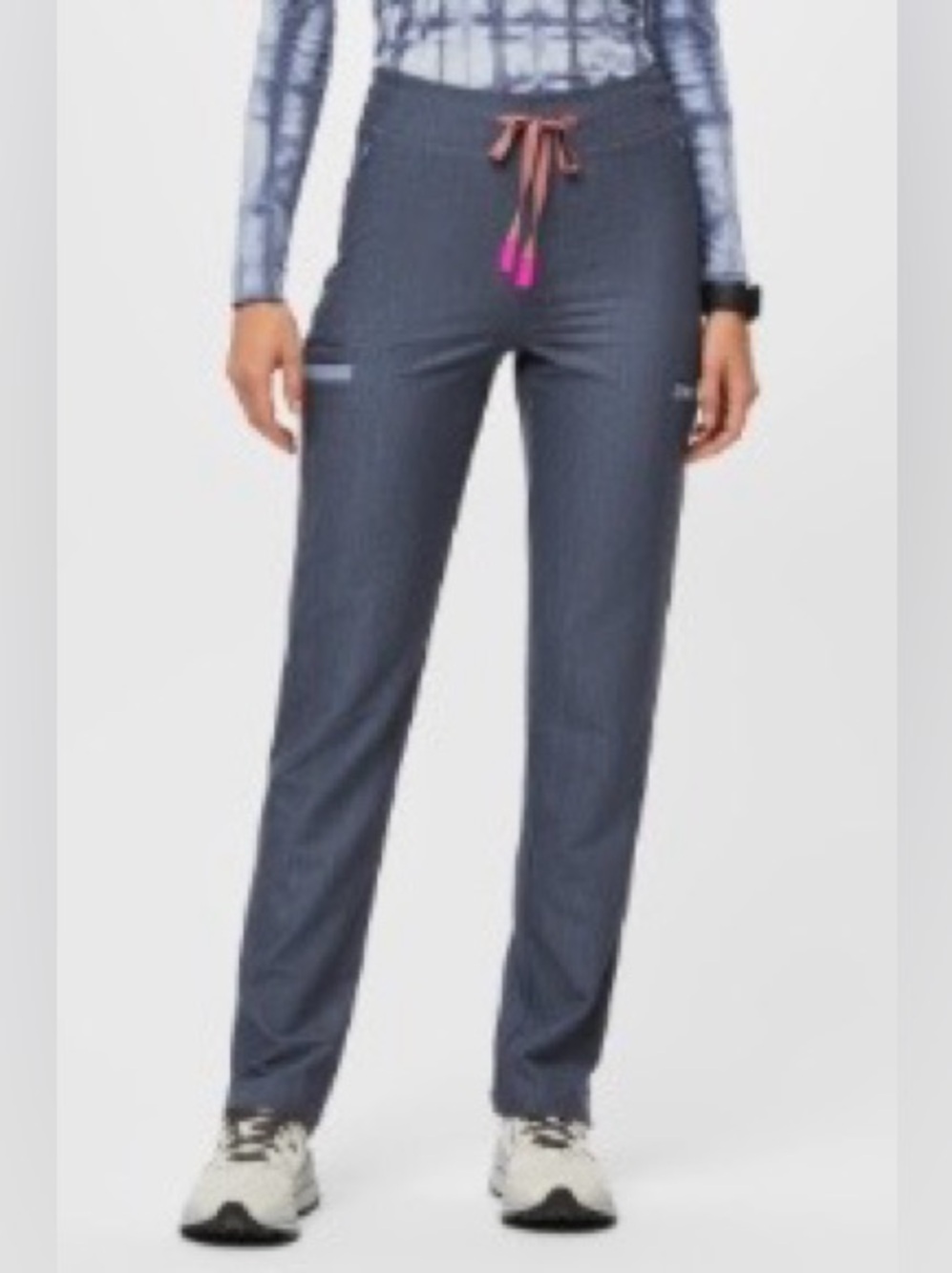 FIGS Evans Skinny Scrub Pants in Heather Denim with Pink Drawstring~Size S